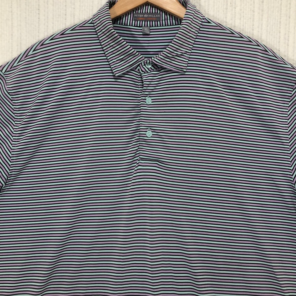 Peter Millar Summer Comfort Polo Shirt Purple Mint Stripe World Golf Hall Fame